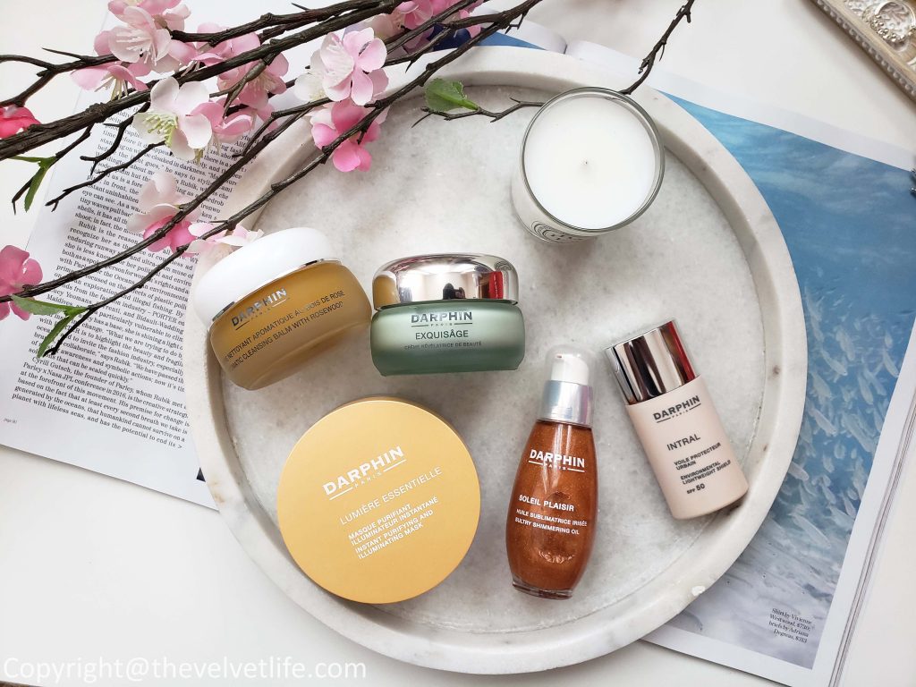 Darphin Aromatic Cleansing Balm with Rosewood,  Darphin Lumière Essentielle Instant Purifying & Illuminating Mask,  Darphin Exquisâge Beauty Revealing Cream,  Darphin Intral Environmental Lightweight Shield Broad Spectrum SPF50 Darphin Soleil Plaisir Sultry Shimmering Oil 