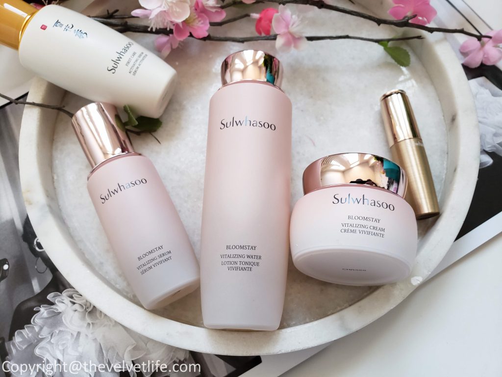 Sulwhasoo Bloomstay Vitalizing Water, Bloomstay Vitalizing Serum, and Bloomstay Vitalizing Cream, Essential Lip Serum stick 