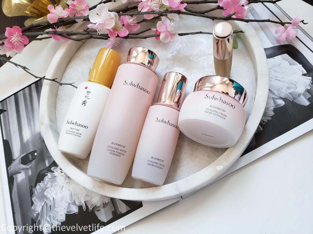 Sulwhasoo Bloomstay Vitalizing Water, Bloomstay Vitalizing Serum, and Bloomstay Vitalizing Cream, Essential Lip Serum stick 