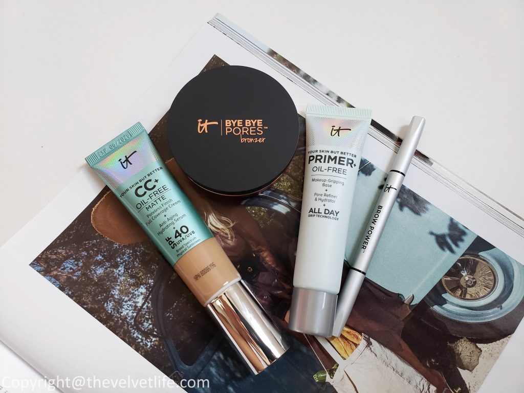 Review and swatches of new It Cosmetics Your Skin But Better Oil Free Makeup Primer, Brow PowerFULL Eyebrow Pencil, Your Skin But Better CC+ Oil-Free Matte with SPF 40, Bye Bye Pores Bronzer
