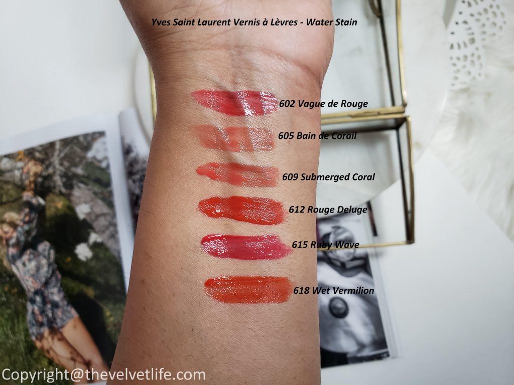 Yves Saint Laurent new lip stain gloss Vernis à Lèvres aka Water Stain review and swatches of 602, 605, 609, 612, 615, 618