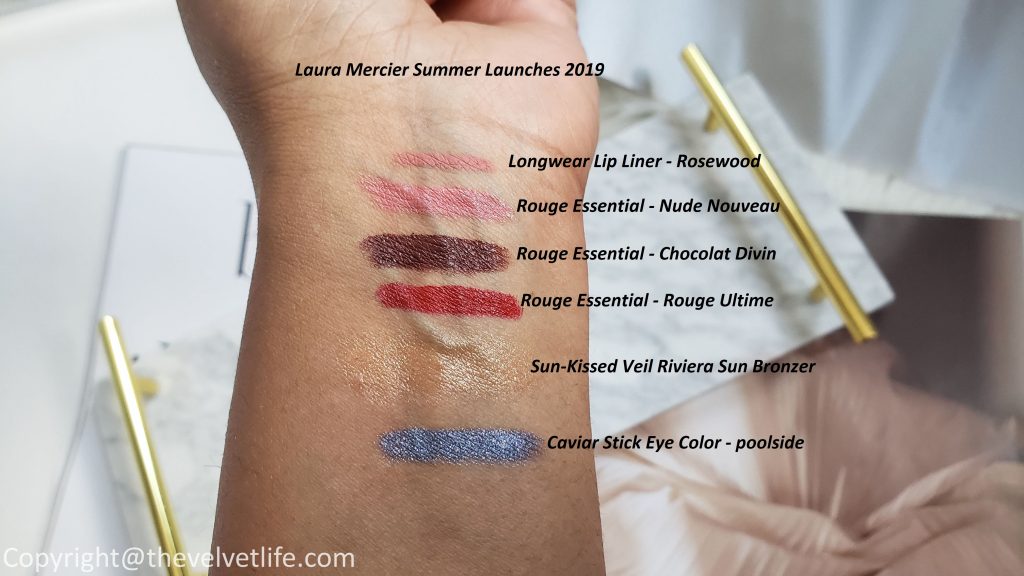 Laura Mercier new Mediterranean Escape Collection -Sun-Kissed Veil Riviera Sun Bronzer, caviar eye stick, Rouge Essential Silky Crème Lipstick, Longwear Lip Liner review and swatches for summer Color edit 2019 launches