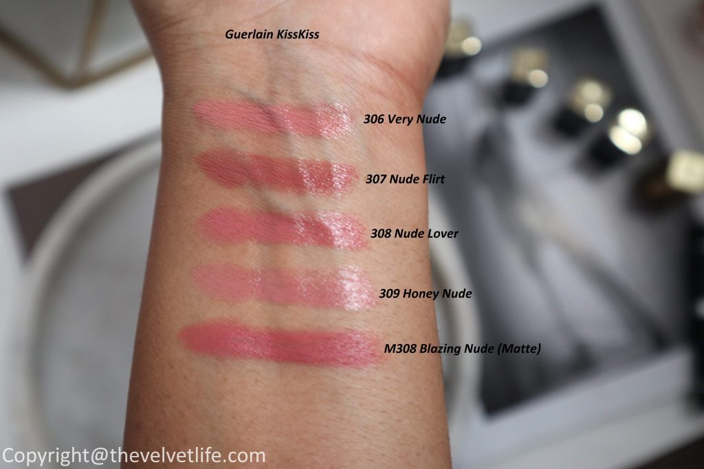 Guerlain new matte and satin KISSKISS lipsticks review swatches in shades 306 Very nude, 307 nude flirt, 308 nude lover, m308 blazing nude, 309 honey nude