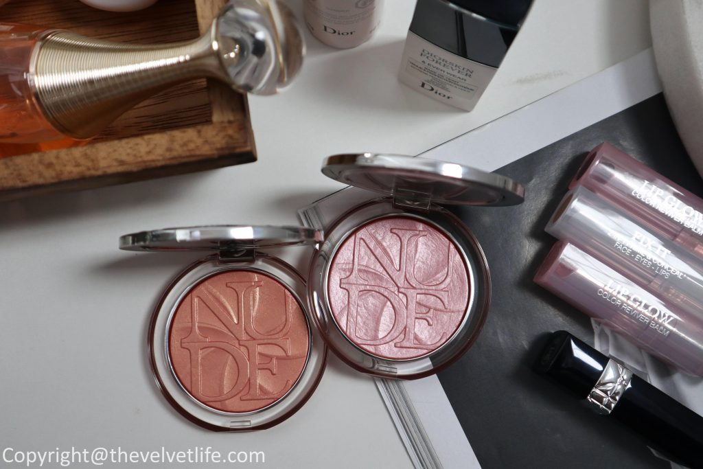 Dior Diorskin Nude Luminizer Lolli'Glow powder review swatches of shades 007 Peach Delight and 008 Pink Delight, Rouge Dior Couture Colour Lipstick 646