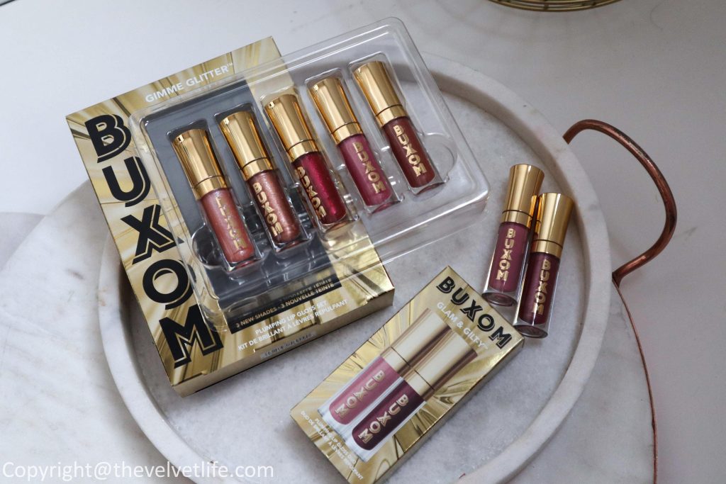 Review and swatches of new Buxom 24K Holiday set Glam and Gilt-Y Plumping Lip Gloss Duo and Gimmie Glitter Plumping Lip Gloss Set