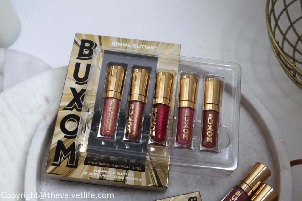 Review and swatches of new Buxom 24K Holiday set Glam and Gilt-Y Plumping Lip Gloss Duo and Gimmie Glitter Plumping Lip Gloss Set