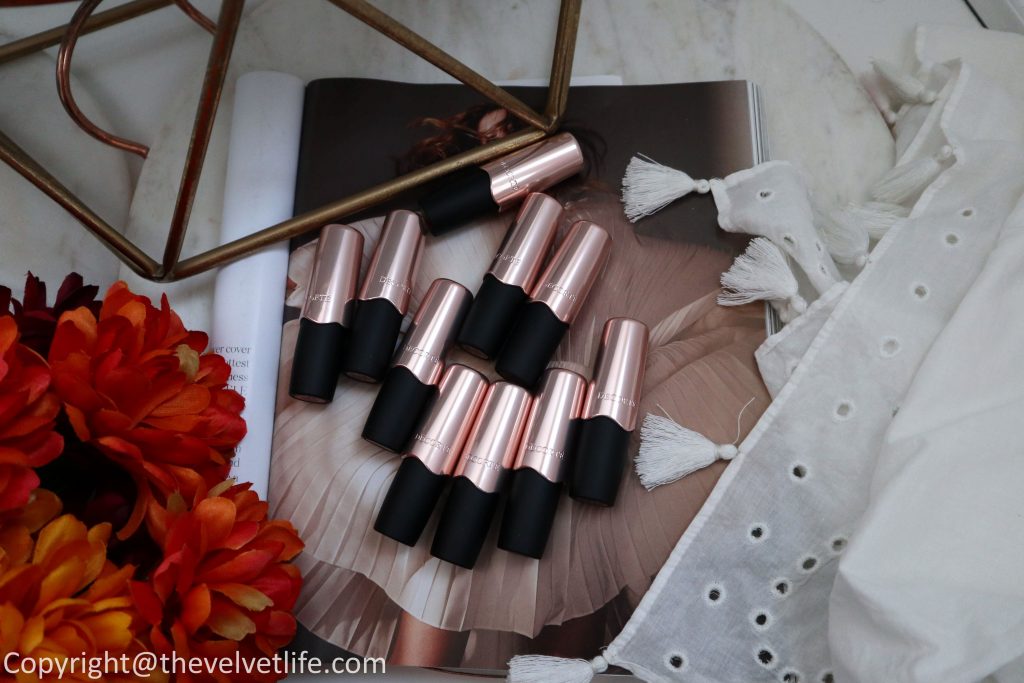 Decorte The Rouge - Velvet lipstick new launch review and swatches of shade BR300,BR301,BR302,RD400,RD401,RD402,RD403,RO600,PK800,BE801