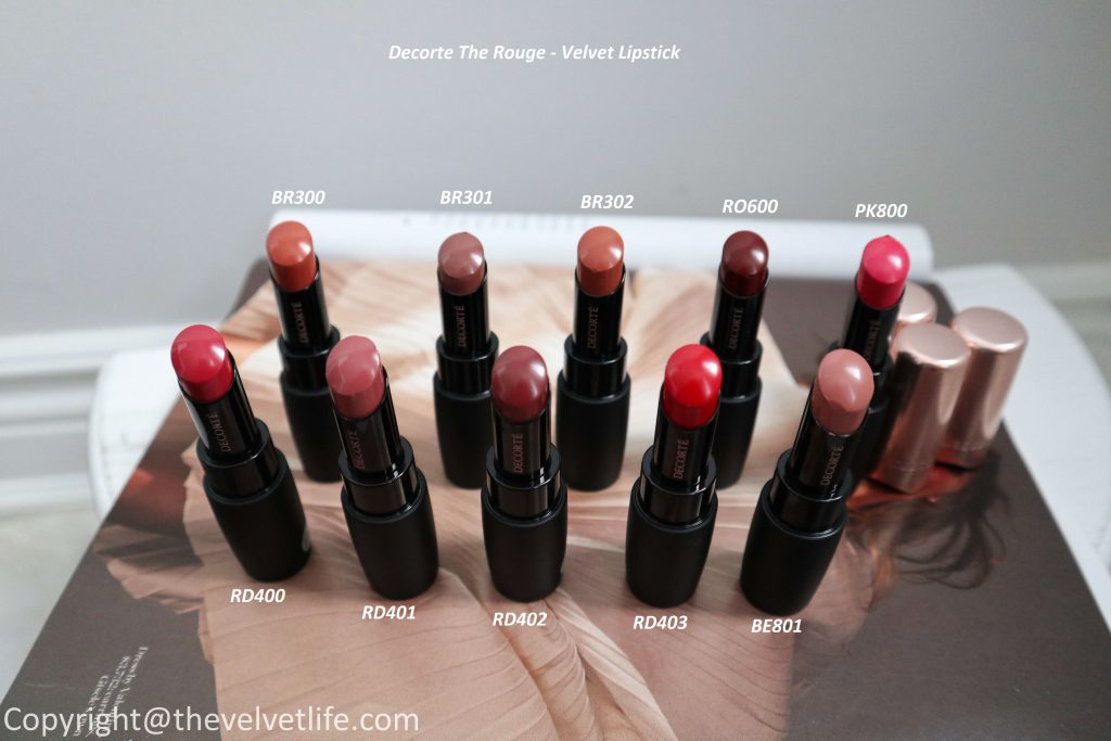 Decorte The Rouge - Velvet lipstick new launch review and swatches of shade BR300,BR301,BR302,RD400,RD401,RD402,RD403,RO600,PK800,BE801