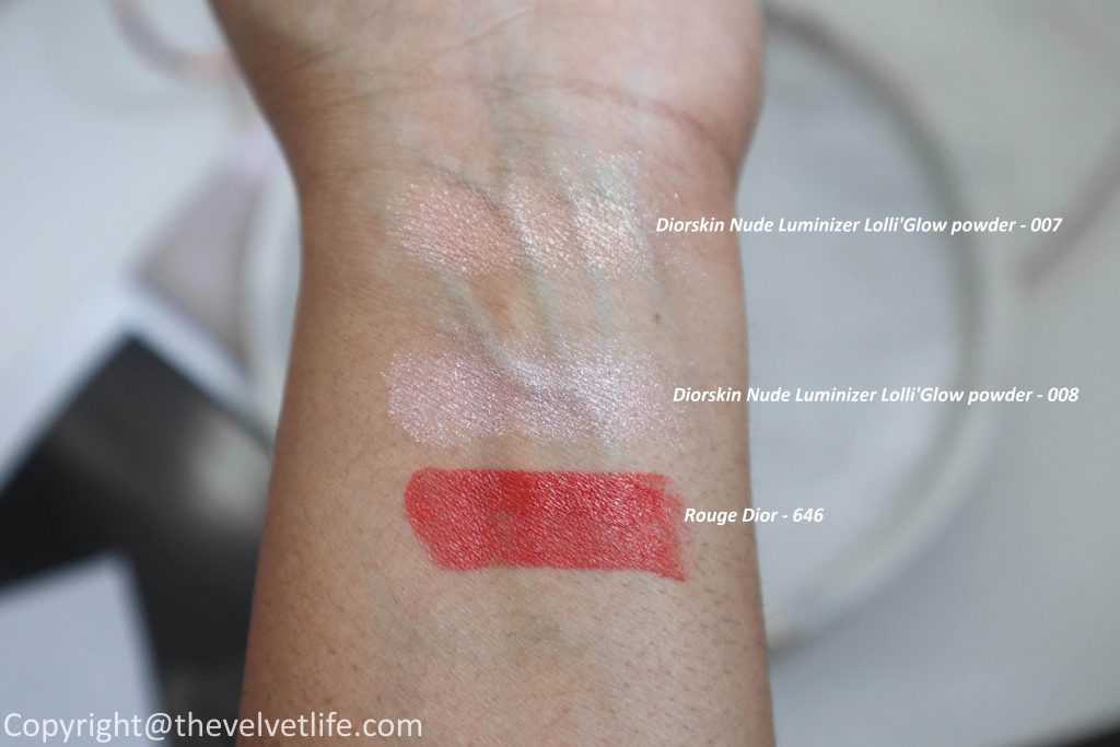 Dior Diorskin Nude Luminizer Lolli'Glow powder review swatches of shades 007 Peach Delight and 008 Pink Delight, Rouge Dior Couture Colour Lipstick 646