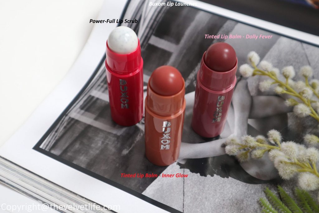  review of Buxom Power-Full Lip Scrub and tinted lip balm with swatches