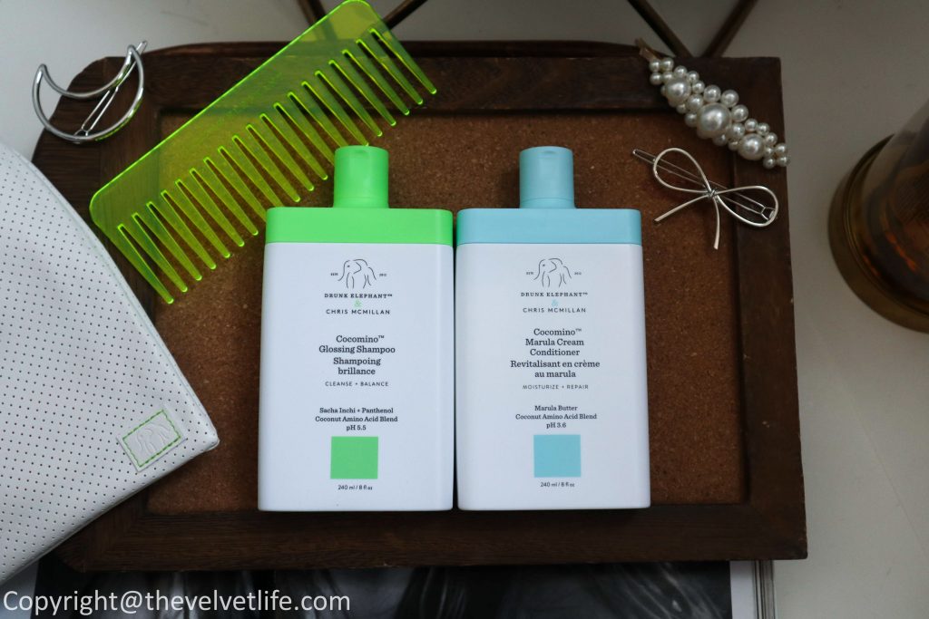 Review of new Drunk Elephant Cocomino Glossing Shampoo, Marula Cream Conditioner, Wild Marula Tangle Spray, and T.L.C. Happi Scalp Scrub, Kamili Cream Body Cleanser, Sweet Pitti Deodorant Cream, Sili Body Lotion