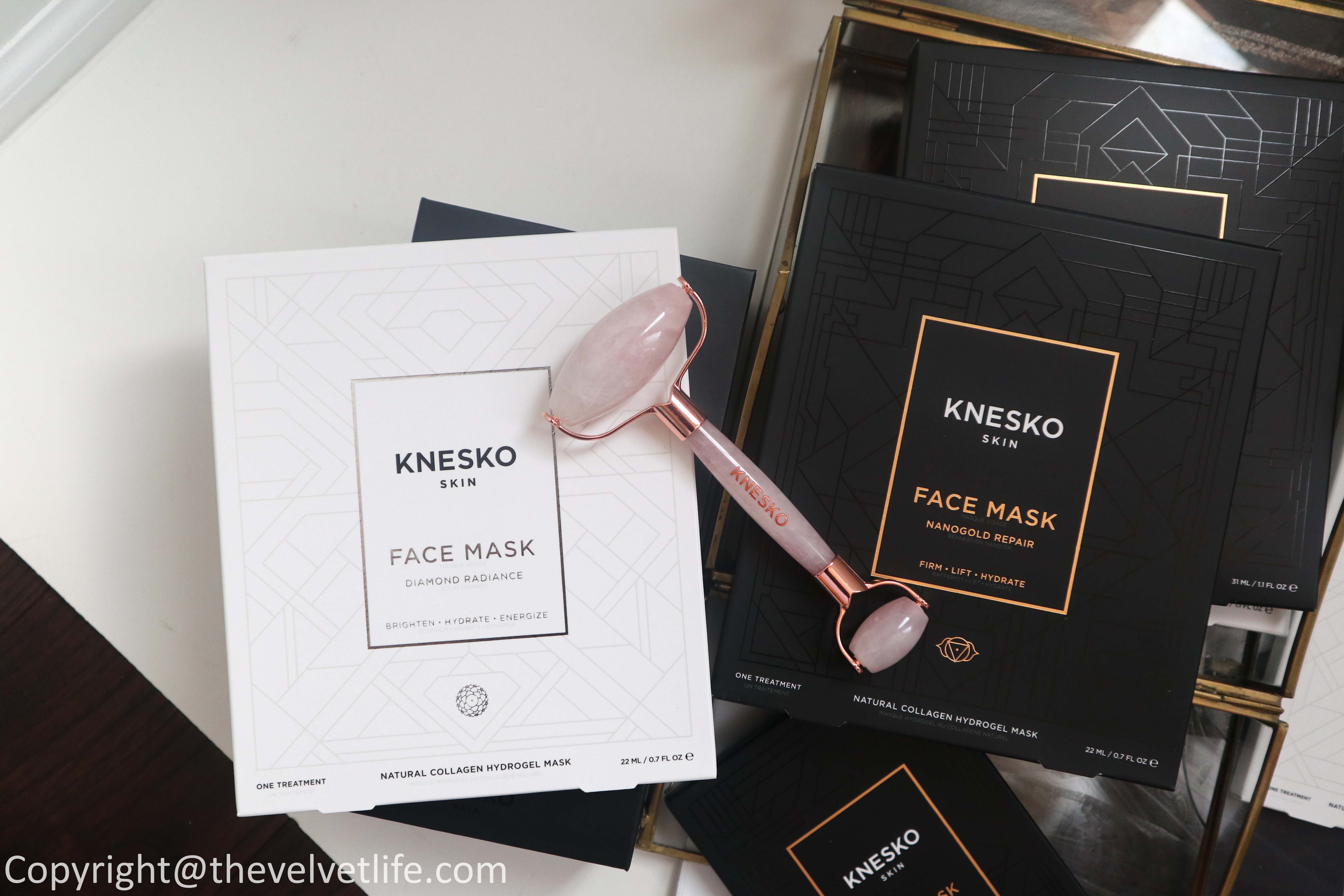 Review of new Knesko Diamond Radiance Mask Collection, Nano Gold Collagen Mask Repair Collection, rose quartz gemstone roller