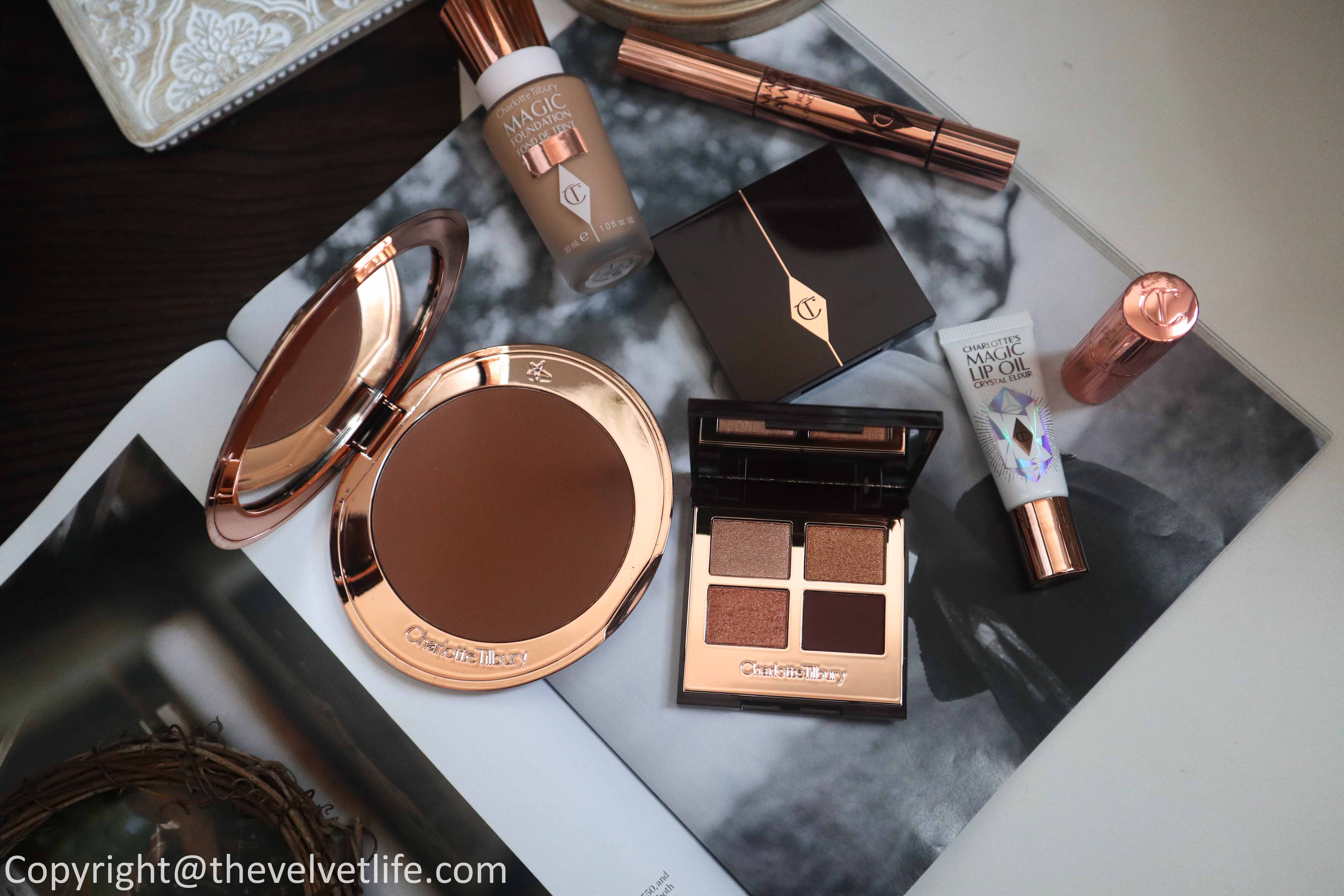 Review of new Charlotte Tilbury Airbrush Bronzer, Magic Lip Oil Crystal Elixir, Queen of Glow, Sexy Sienna, Magic foundation, Magic Away Concealer