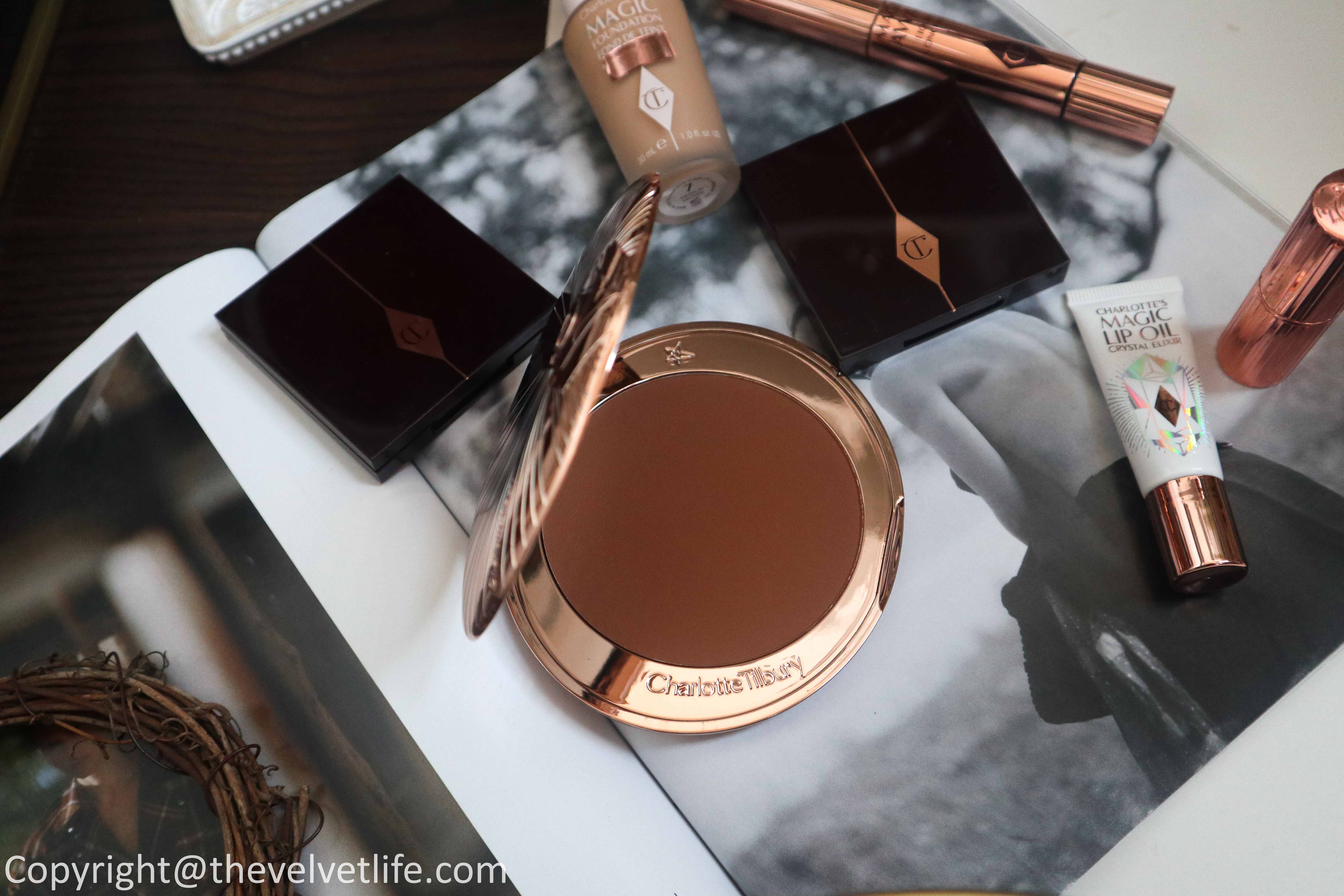 Review of new Charlotte Tilbury Airbrush Bronzer, Magic Lip Oil Crystal Elixir, Queen of Glow, Sexy Sienna, Magic foundation, Magic Away Concealer