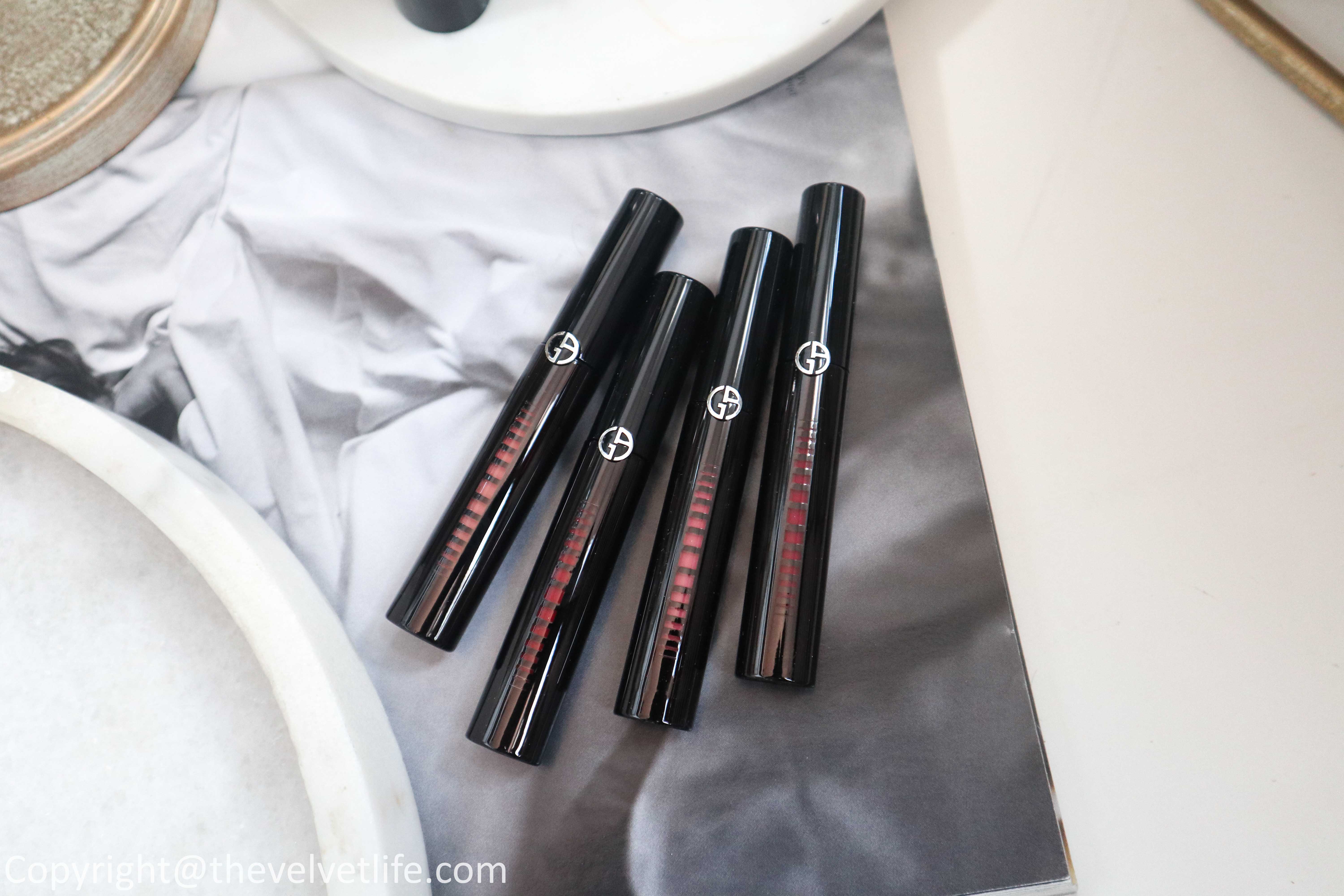 New Armani Beauty Ecstasy Mirror Lip Lacquer review and swatches of shades 101, 400, 402, and 502