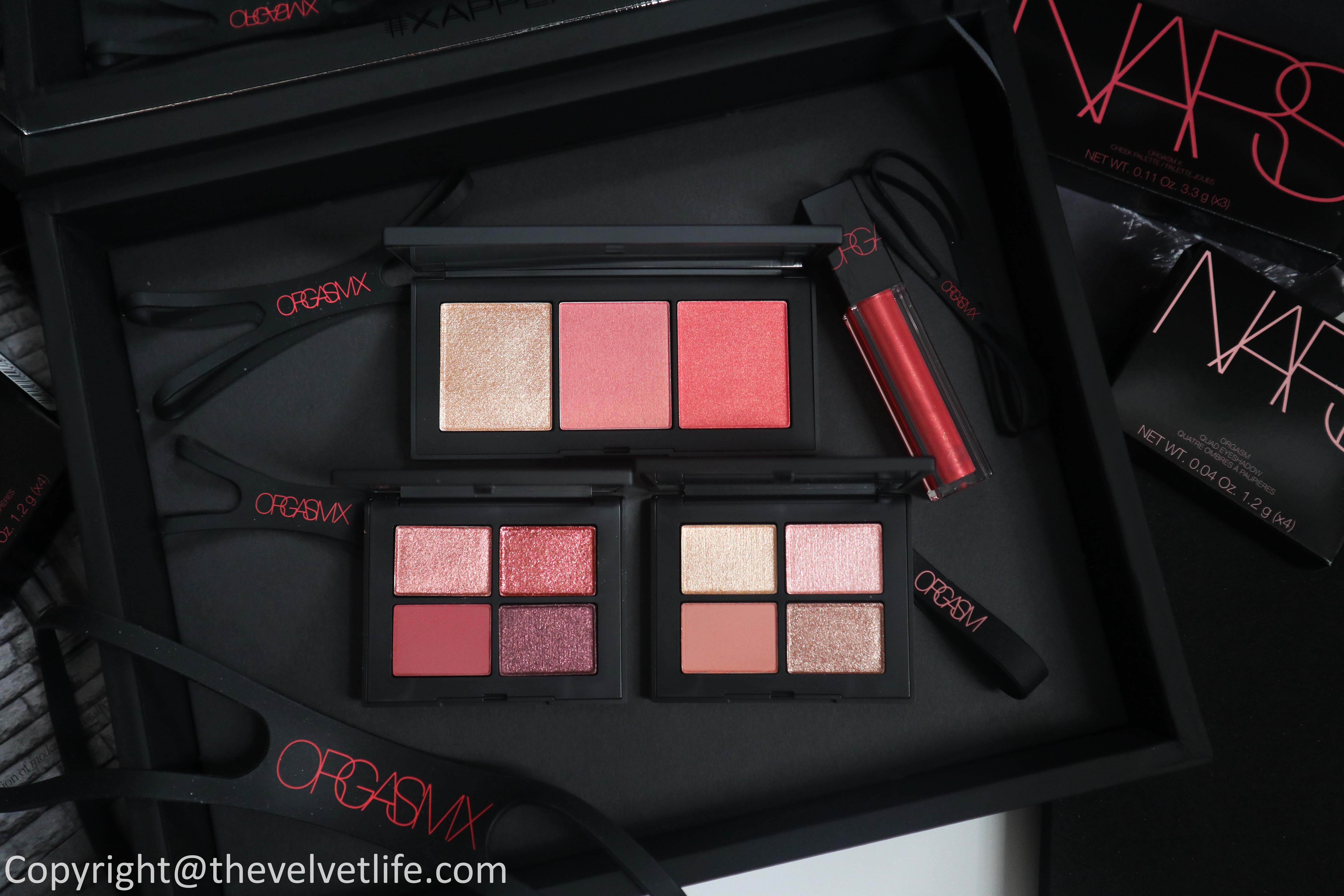 New Nars Orgasm X Collection review swatches Orgasm X Cheek Palette, Orgasm Quad Eyeshadow palette, Oil-infused Lip Tint in Orgasm X