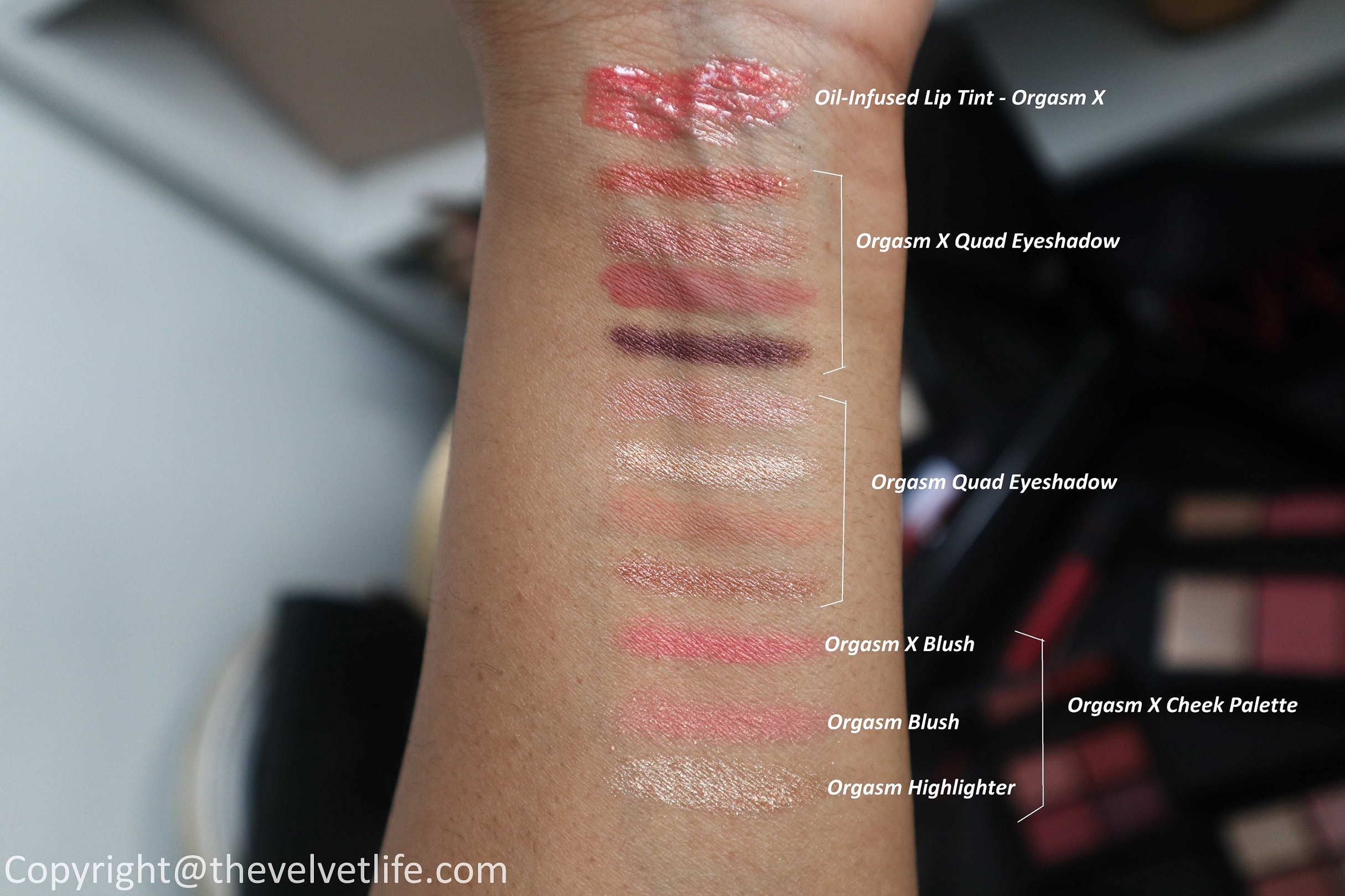 New Nars Orgasm X Collection review swatches Orgasm X Cheek Palette, Orgasm Quad Eyeshadow palette, Oil-infused Lip Tint in Orgasm X