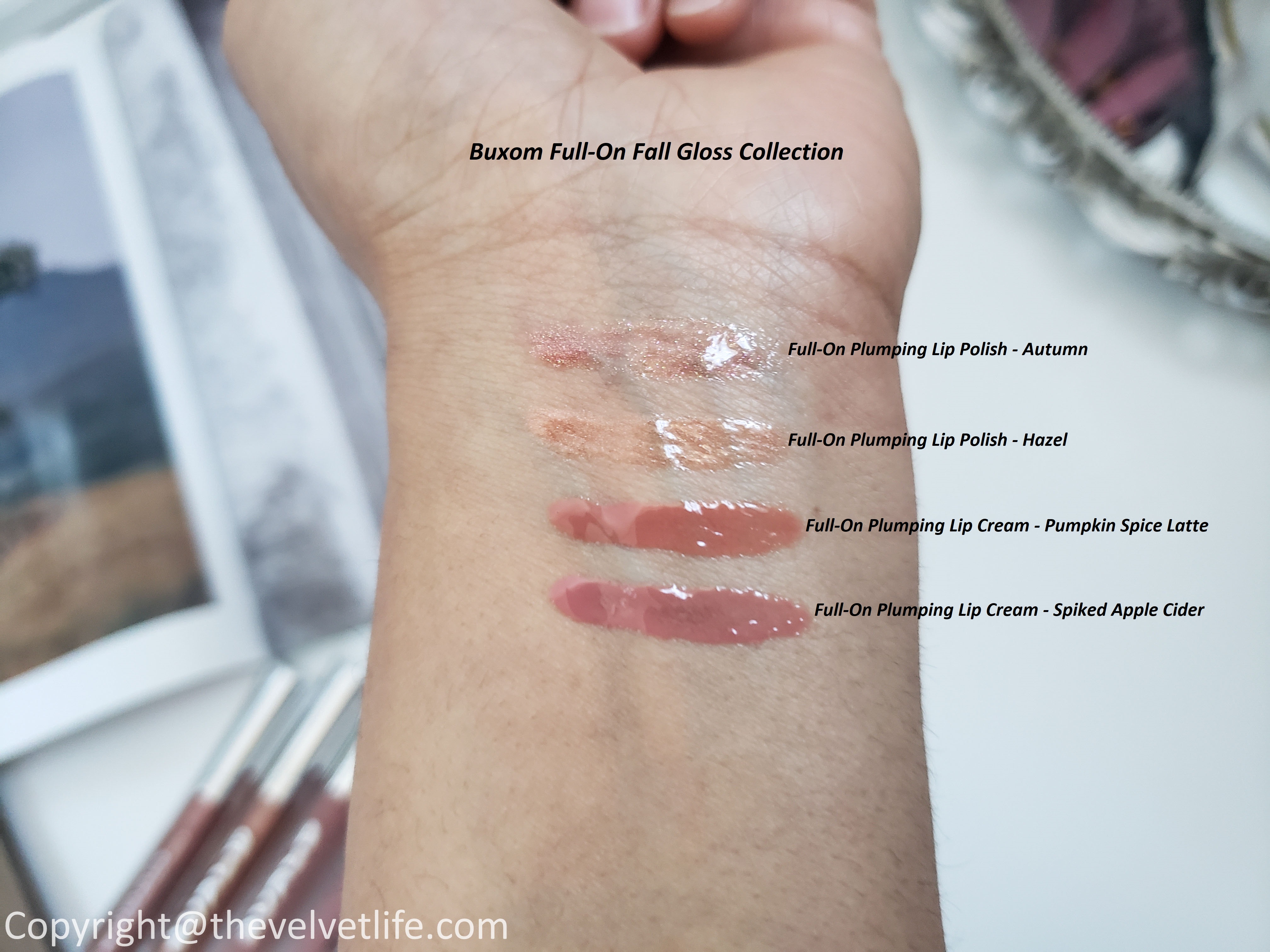 Buxom Full-On Fall Gloss Collection limited-edition review swatches of two Full-On Plumping Lip Polishes and two Full-On Plumping Lip Creams