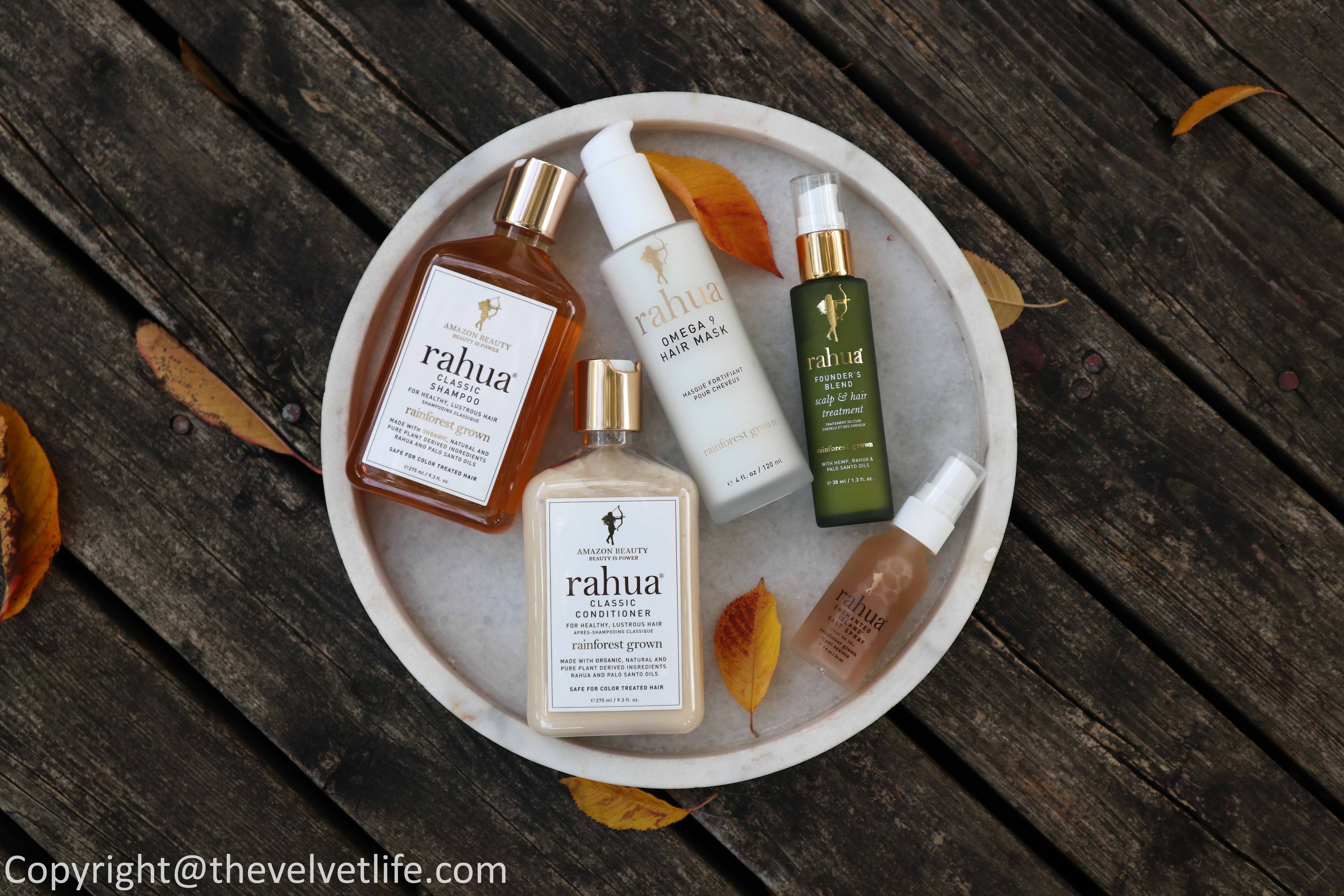 Rahua Classic Shampoo, Classic Conditioner review Rahua Founder's Blend, Omega 9 Hair Mask, and Enchanted Island Salt Spray