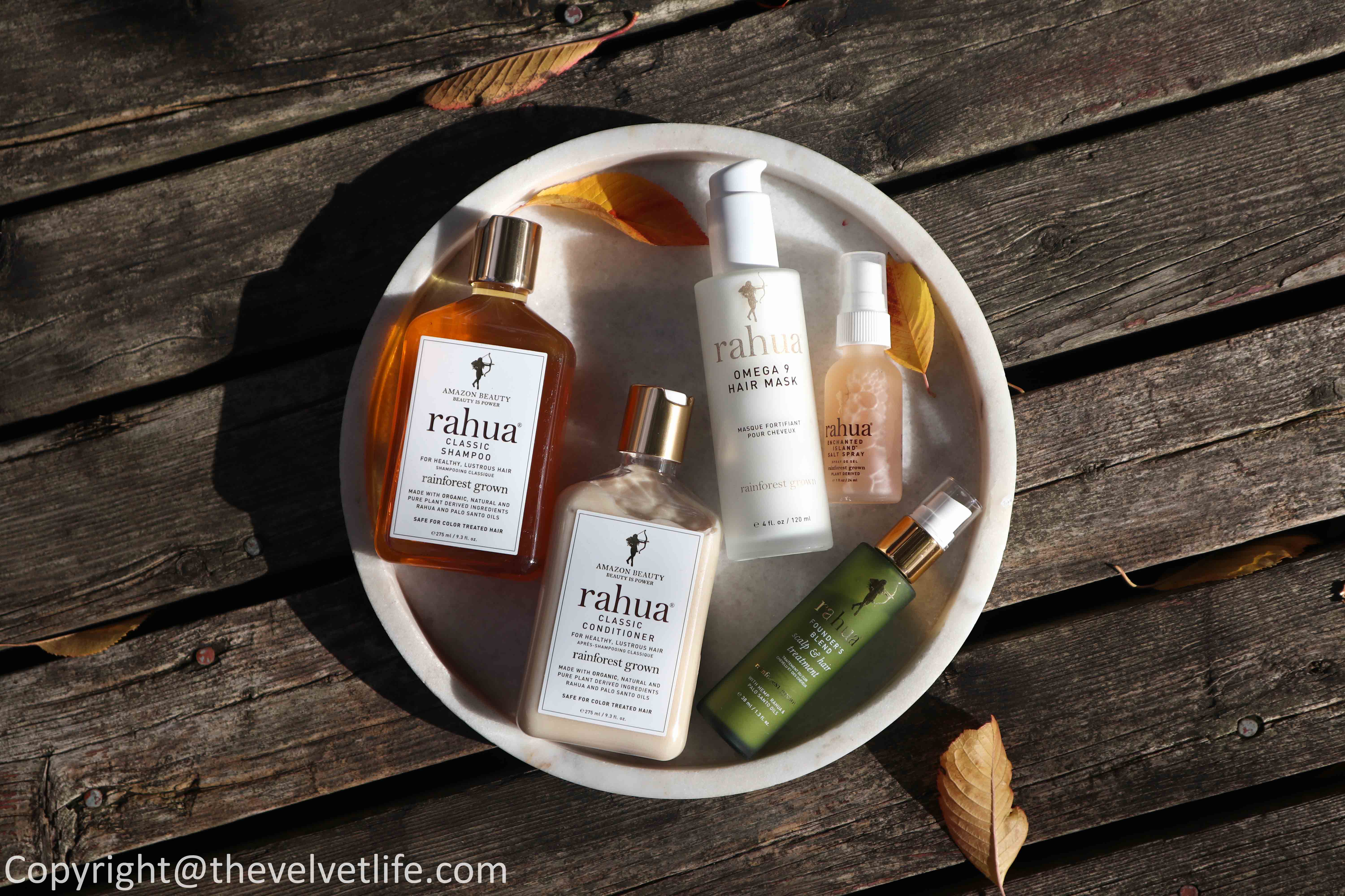 Rahua Classic Shampoo, Classic Conditioner review Rahua Founder's Blend, Omega 9 Hair Mask, and Enchanted Island Salt Spray