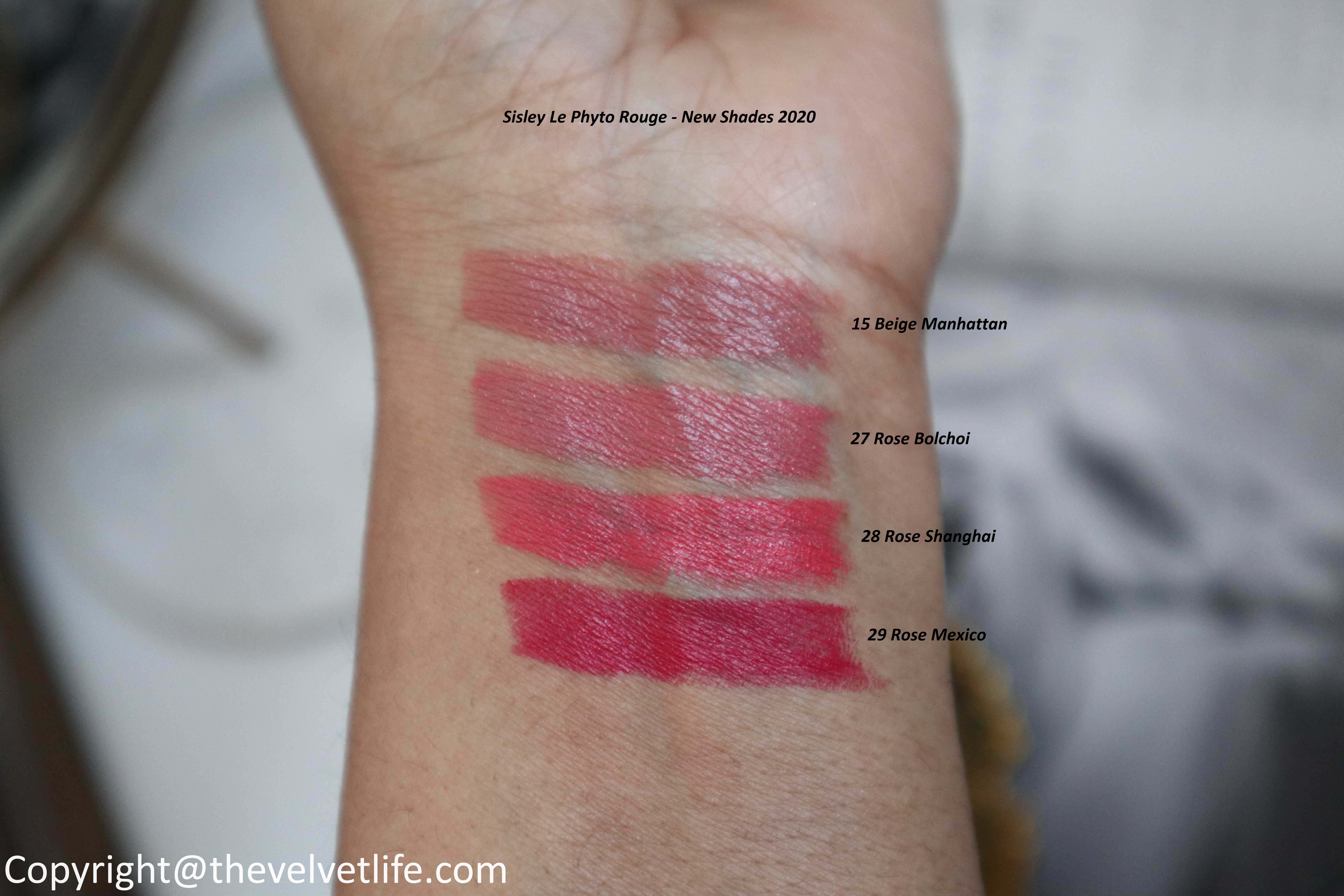 Sisley Le Phyto Rouge New review swatches 15 Beige Manhattan, 27 Rose Bolchoi, 28 Rose Shanghai, 29 Rose Mexico