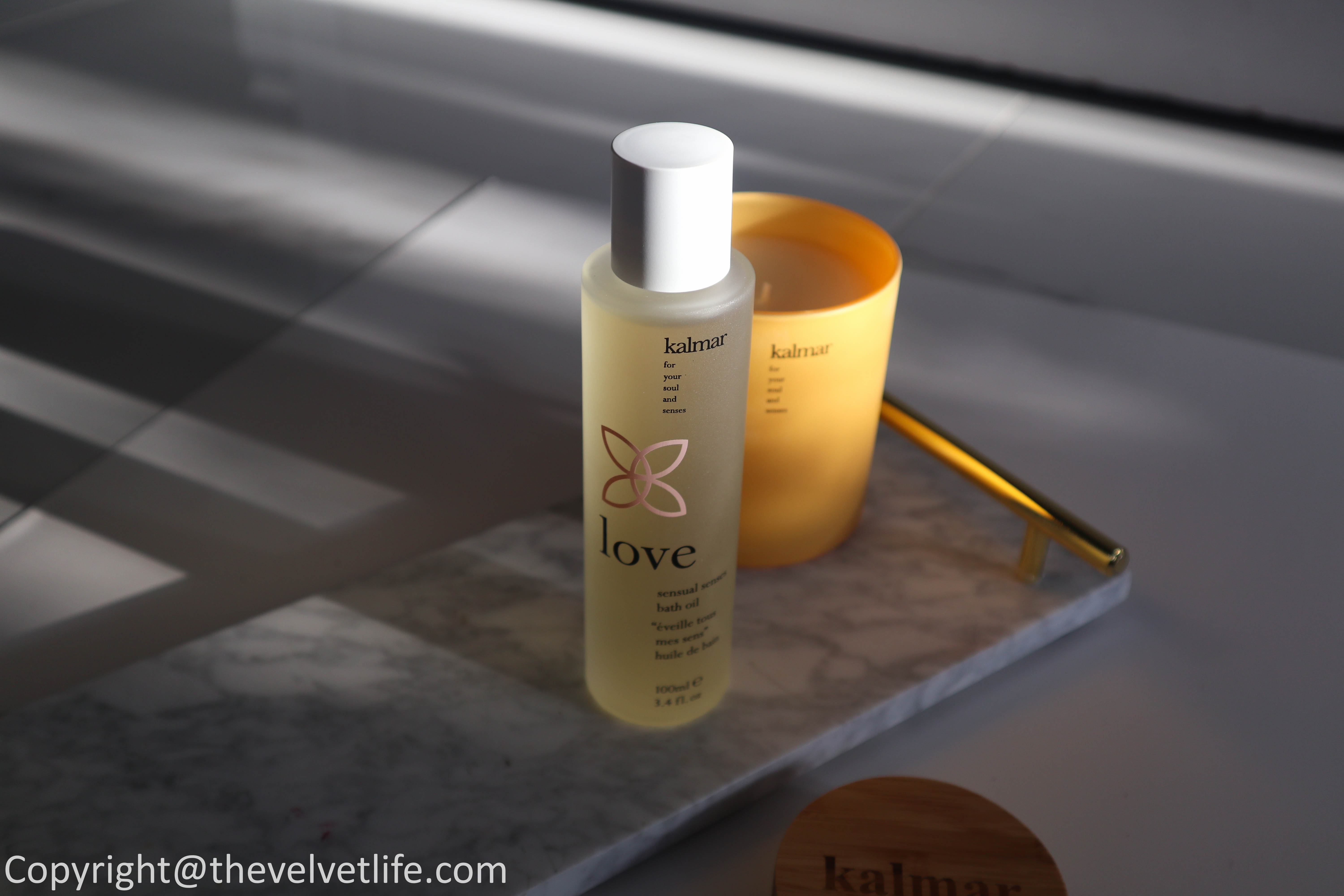 Kalmar products review Peace Balm of Serenity, Love Sensual Senses Bath Oil, Calm Soothing Body Cream, and Joy Scented Candle
