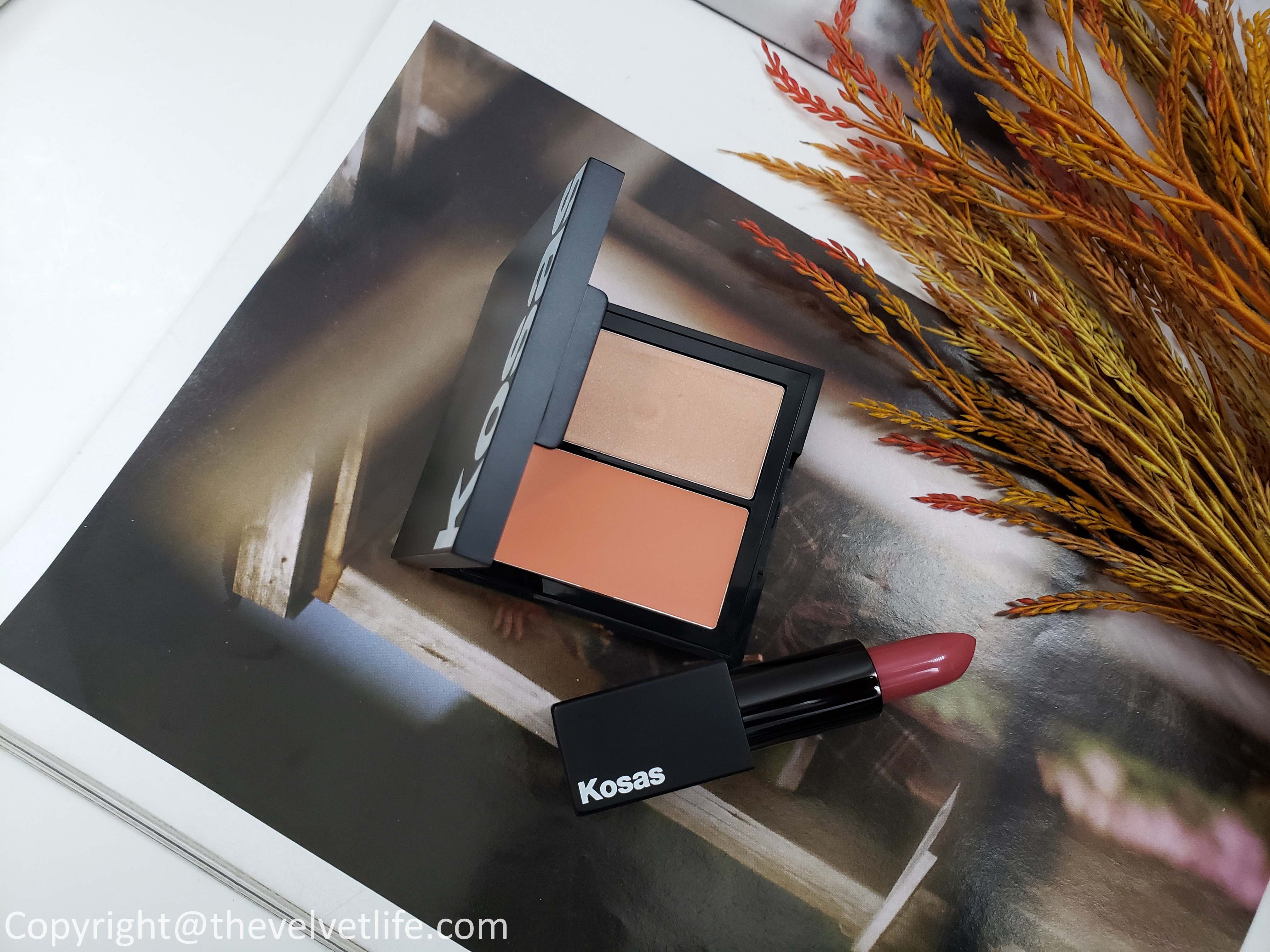Kosas makeup review Revealer Concealer, The Big Clean Mascara, Weightless Lipstick Rosewater, and Color & Light Palette - Cream in Velvet Melon 